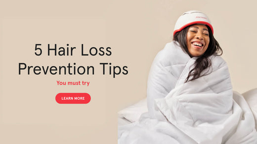 5 hair loss prevention tips you must try. Image banner shows a woman bundled in a white weighted blanket, wearing the Professional Device, and appearing happy and relaxed.