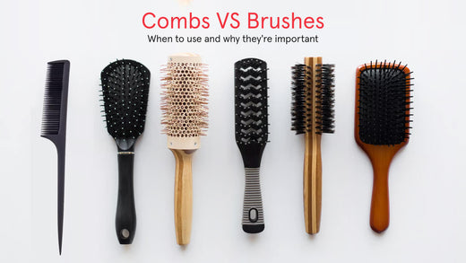 Comb versus Brush. When to use and why they're important. Image banner showing different kinds of hair comb and hair brush.