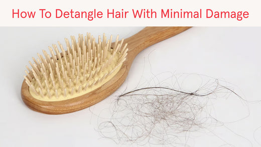 How to detangle hair with minimal damage. Image banner shows a hair brush with lots of tangled hair.