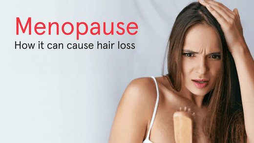 Menopause. How can it cause hair loss. Image banner showing a woman staring at her hair brush with tangled hairs around it.
