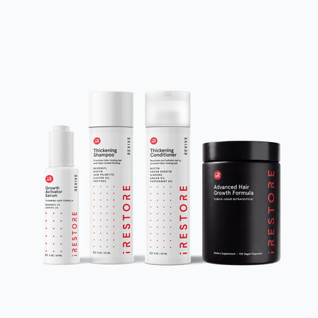 Image of the REVIVE Plus Max Growth Kit which includes the Advanced Hair Growth Formula, Growth Activator Serum and Thickening Shampoo and Thickening Conditioner.