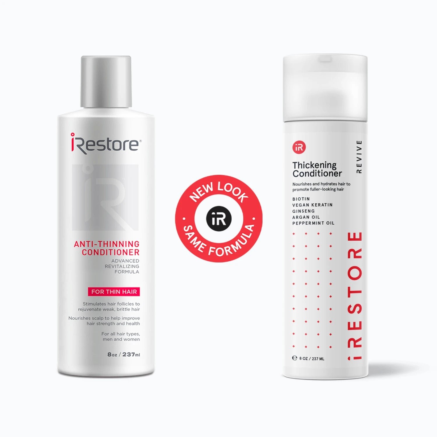 Image comparing the old and new packaging or bottle of the Thickening Shampoo.