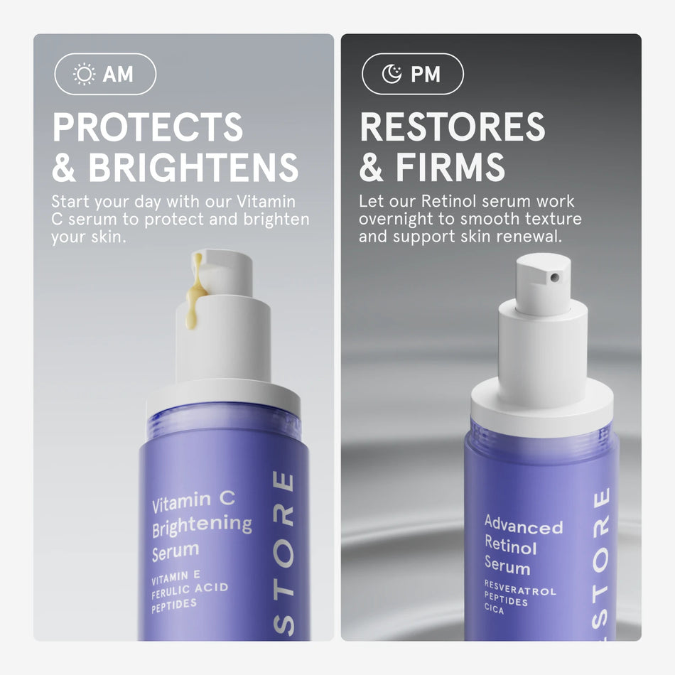 Vitamin C Serum for AM and Advanced Retinol PM use on a gray background.