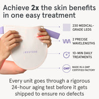 Achieve 2 times the skin benefits in one easy treatment with the iRESTORE LED neck and chest mask featuring 230 Medical-Grade LEDs, 2 Precise Wavelengths, 10-Min Daily Treatments., Made in a GMP certified factory. Every unit goes through a rigorous 24 hour aging test before it gets shipped to ensure no defects