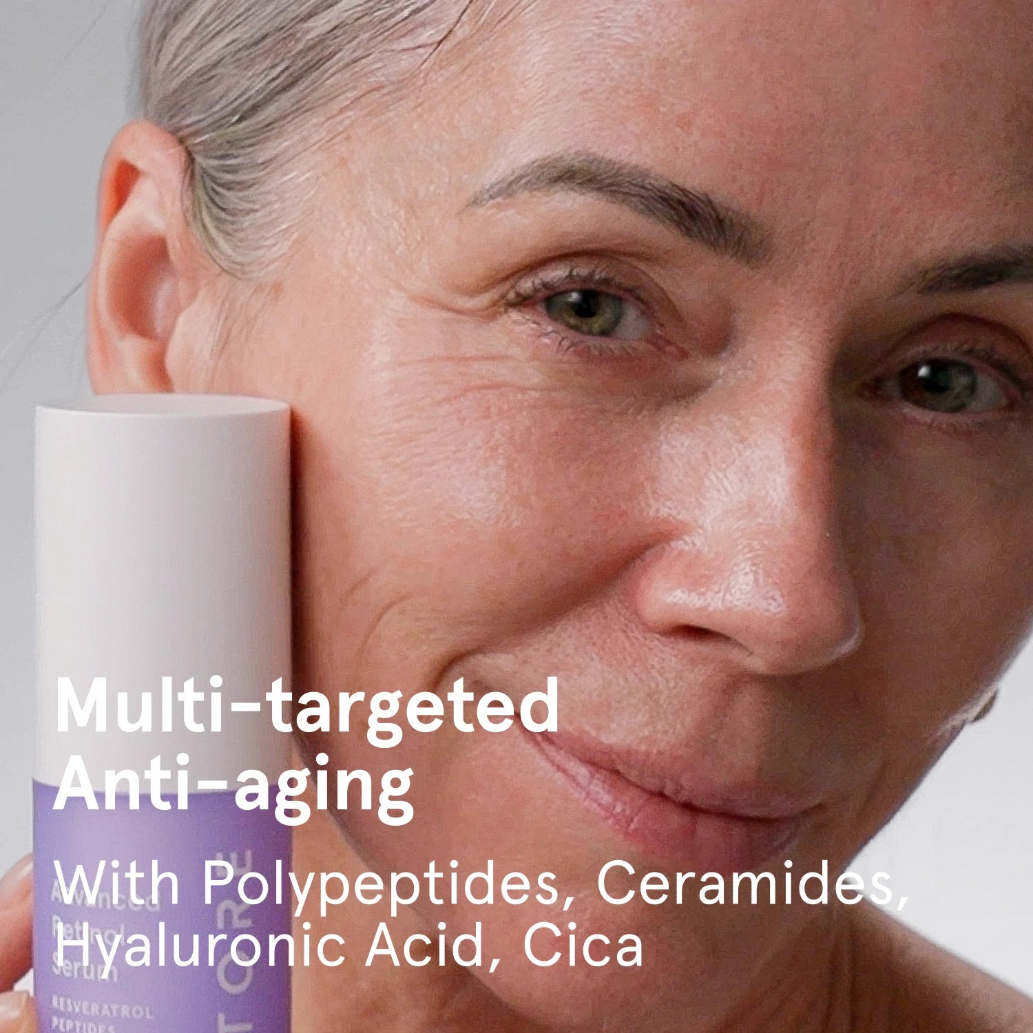 Woman with Advanced Retinol Serum, text 'Multi-targeted Anti-aging' and ingredients listed.