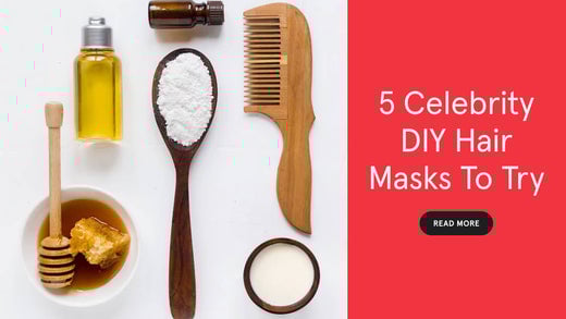 5 Celebrity do it yourself Hair Mask to Try. Image banner showing a top view image of a comb, honey, coconut oil and other serums placed in a bottle.