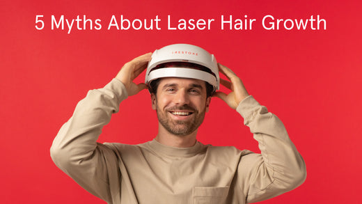 5 myths about laser hair growth. Image banner shows a man wearing the Essential helmet device.