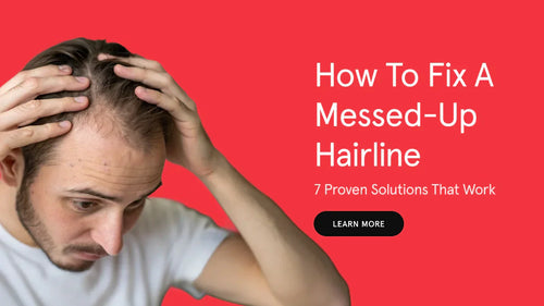 Man with thinning hair against a red background with text about fixing a messed-up hairline.