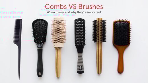 Comb versus Brush. When to use and why they're important. Image banner showing different kinds of hair comb and hair brush.
