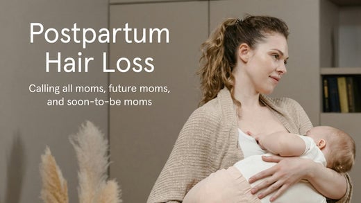 Postpartum Hair Loss. Calling all mom, future moms, and soon to be moms. On the background is a Woman carrying a child.