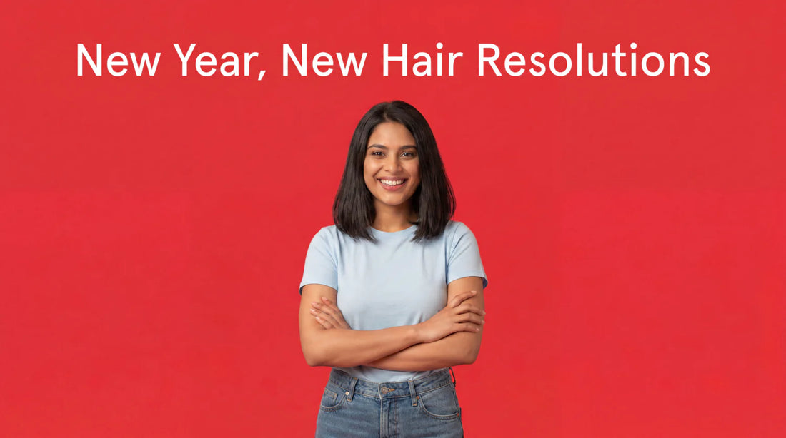 New Year, New Hair Resolutions. Image banner shows a woman gently holding her long hair.