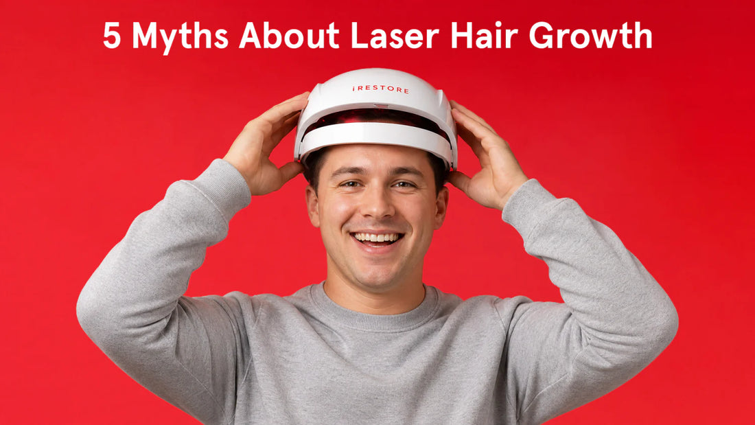 5 myths about laser hair growth. Image banner shows a man wearing the Essential helmet device.