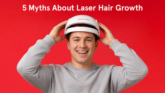 5 myths about laser hair growth. Image banner shows a man wearing the Essential helmet device.