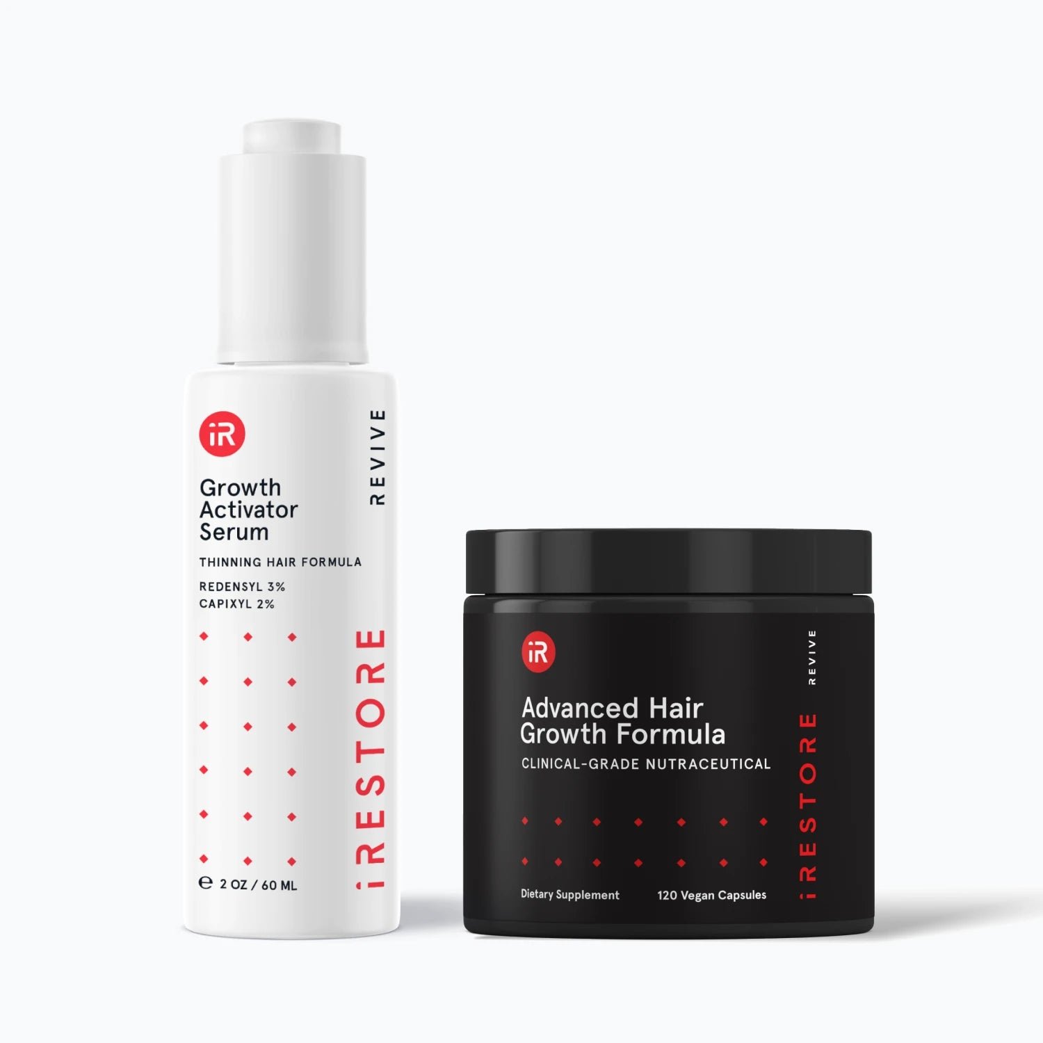 Image of the REVIVE Plus Growth Accelerator Kit which includes the Advanced Hair Growth Formula and Growth Activator Serum. 