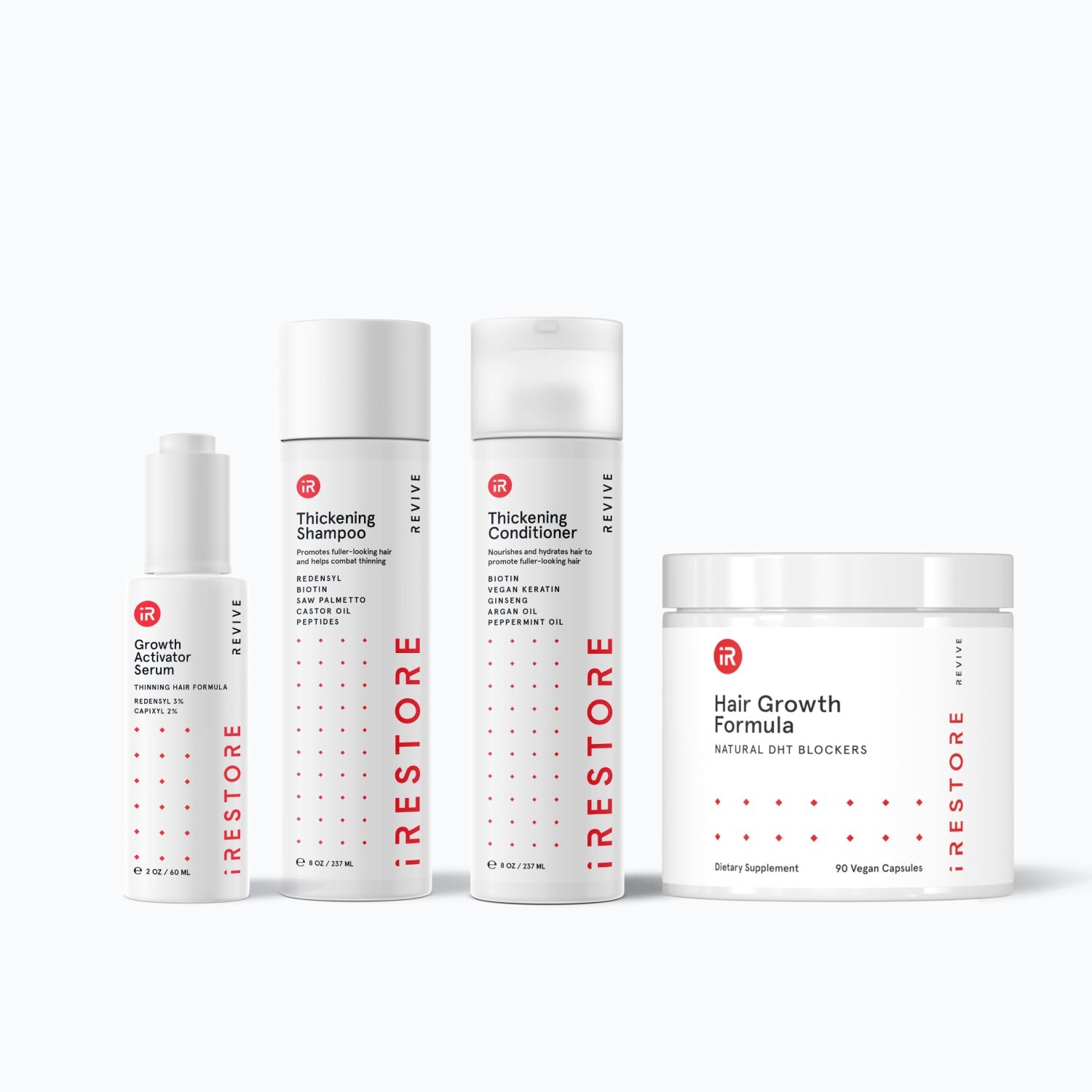 Image showing the REVIVE Max Growth Kit. Includes the Thickening Shampoo, Thickening Conditioner, Growth Activator Serum and the Hair Growth Formula.