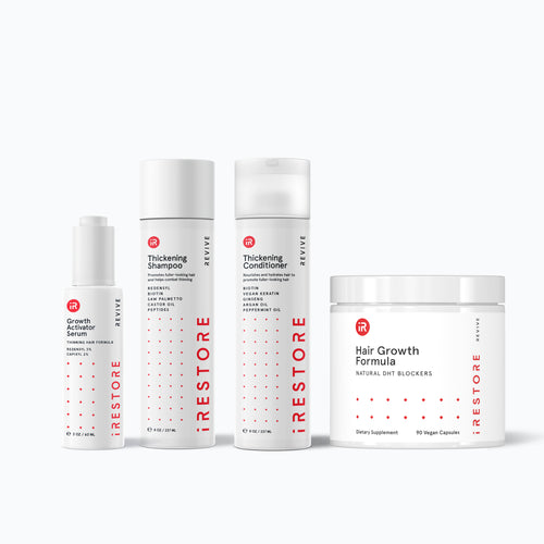 Image showing the REVIVE Max Growth Kit. Includes the Thickening Shampoo, Thickening Conditioner, Growth Activator Serum and the Hair Growth Formula.