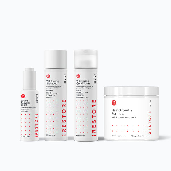 Image showing the REVIVE Max Growth Kit. Includes the Thickening Shampoo, Thickening Conditioner, Growth Activator Serum and the Hair Growth Formula.