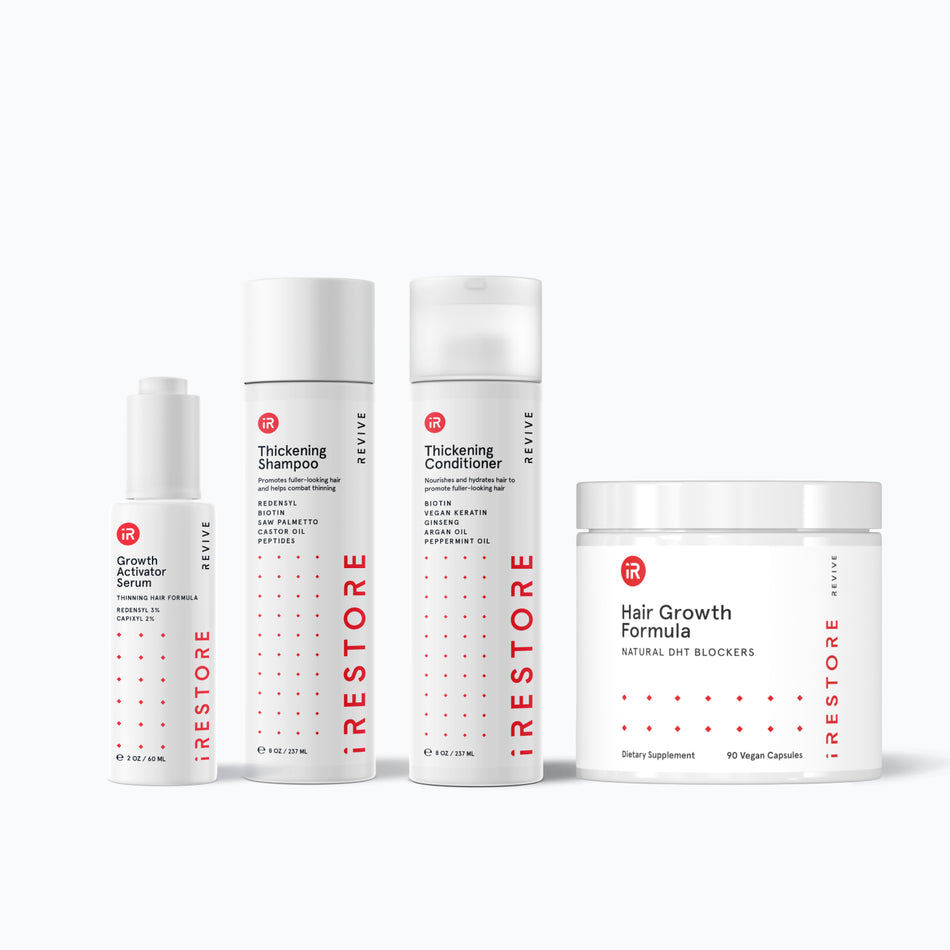 Image showing the REVIVE Max Growth Kit. Includes the Thickening Shampoo, Thickening Conditioner, Growth Activator Serum and the Hair Growth Formula.