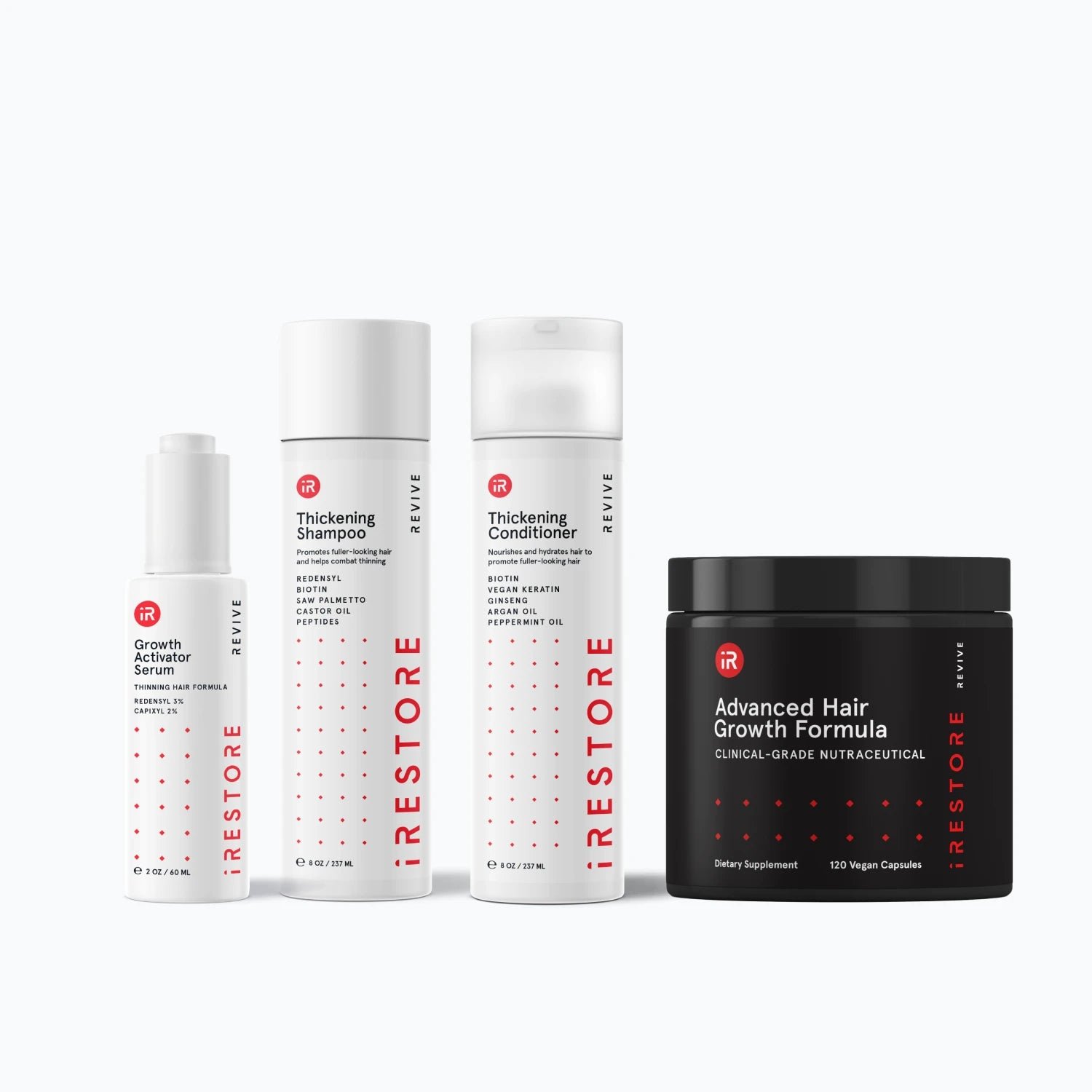 Image of the REVIVE Plus Max Growth Kit which includes the Advanced Hair Growth Formula, Growth Activator Serum and Thickening Shampoo and Thickening Conditioner.