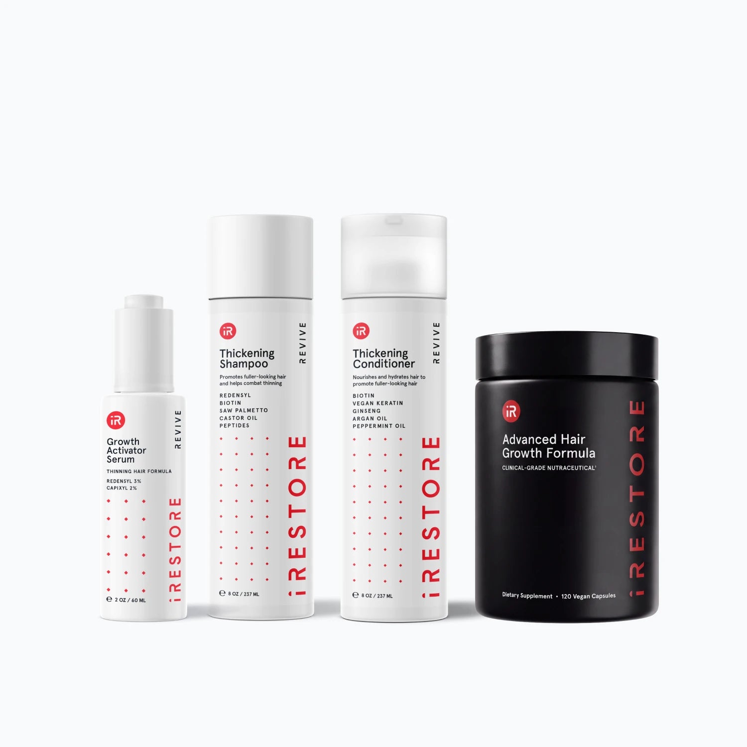 Image of the REVIVE Plus Max Growth Kit which includes the Advanced Hair Growth Formula, Growth Activator Serum and Thickening Shampoo and Thickening Conditioner.