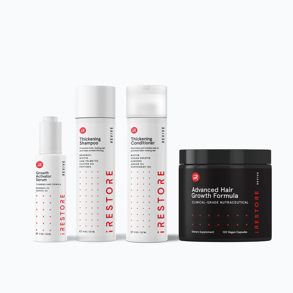 Image of the REVIVE Plus Max Growth Kit which includes the Advanced Hair Growth Formula, Growth Activator Serum and Thickening Shampoo and Thickening Conditioner.