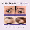 Visible Results in 6-8 weeks. Apply 1 to 2 times daily, morning and/or night. Image showing a before and after progress after using the Eyebrow and Eyelash Enhancing Serum.
