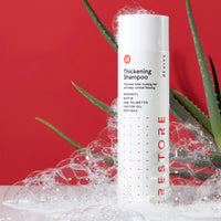 Image showing the Thickening Shampoo placed on top of a table with bubbles all over the bottle and showing an aloe vera behind the bottle.