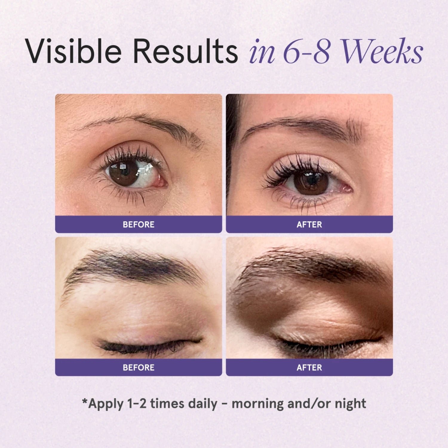 Visible Results in 6-8 weeks. Apply 1 to 2 times daily, morning and/or night. Image showing a before and after progress after using the Eyebrow and Eyelash Enhancing Serum.