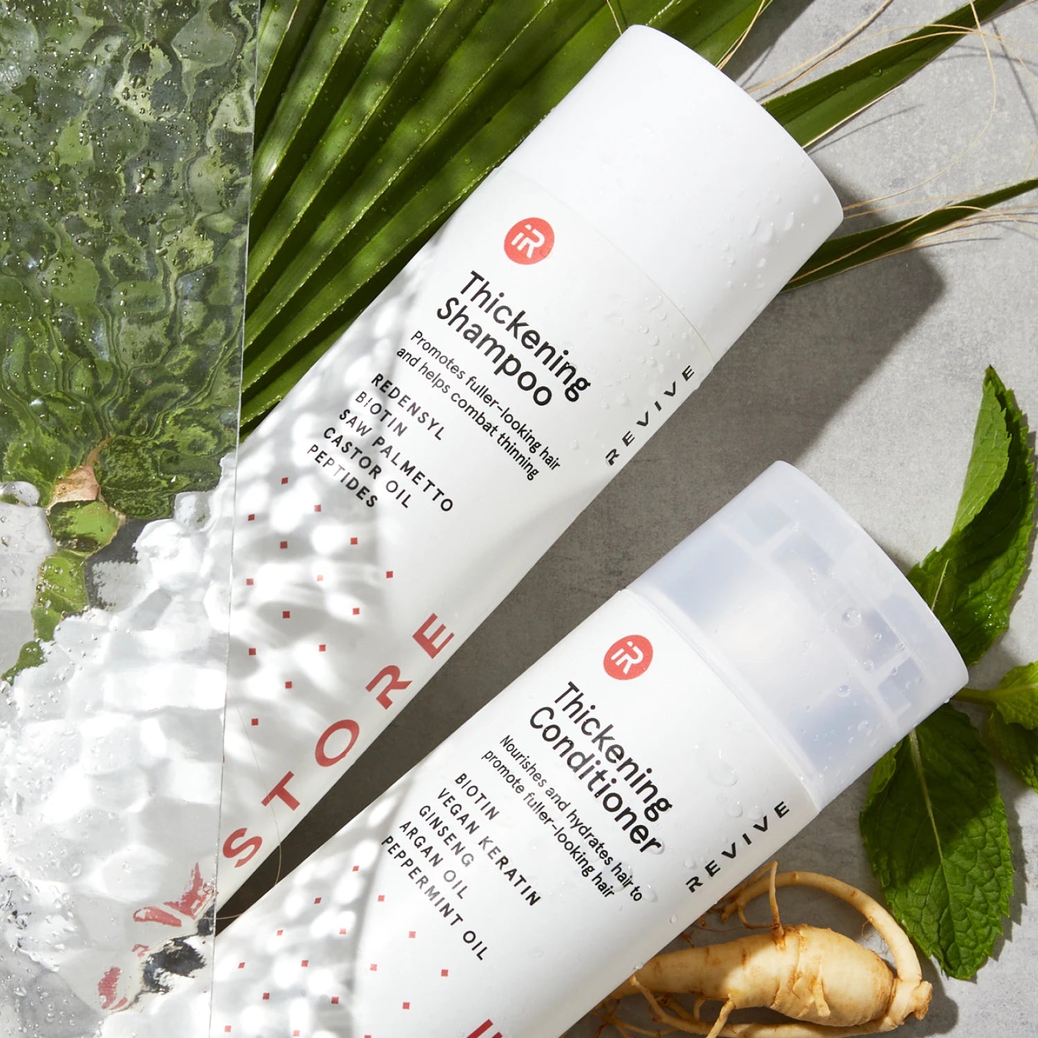 Top down view image showing the Thickening Shampoo and Conditioner with ginseng and leaves around it.