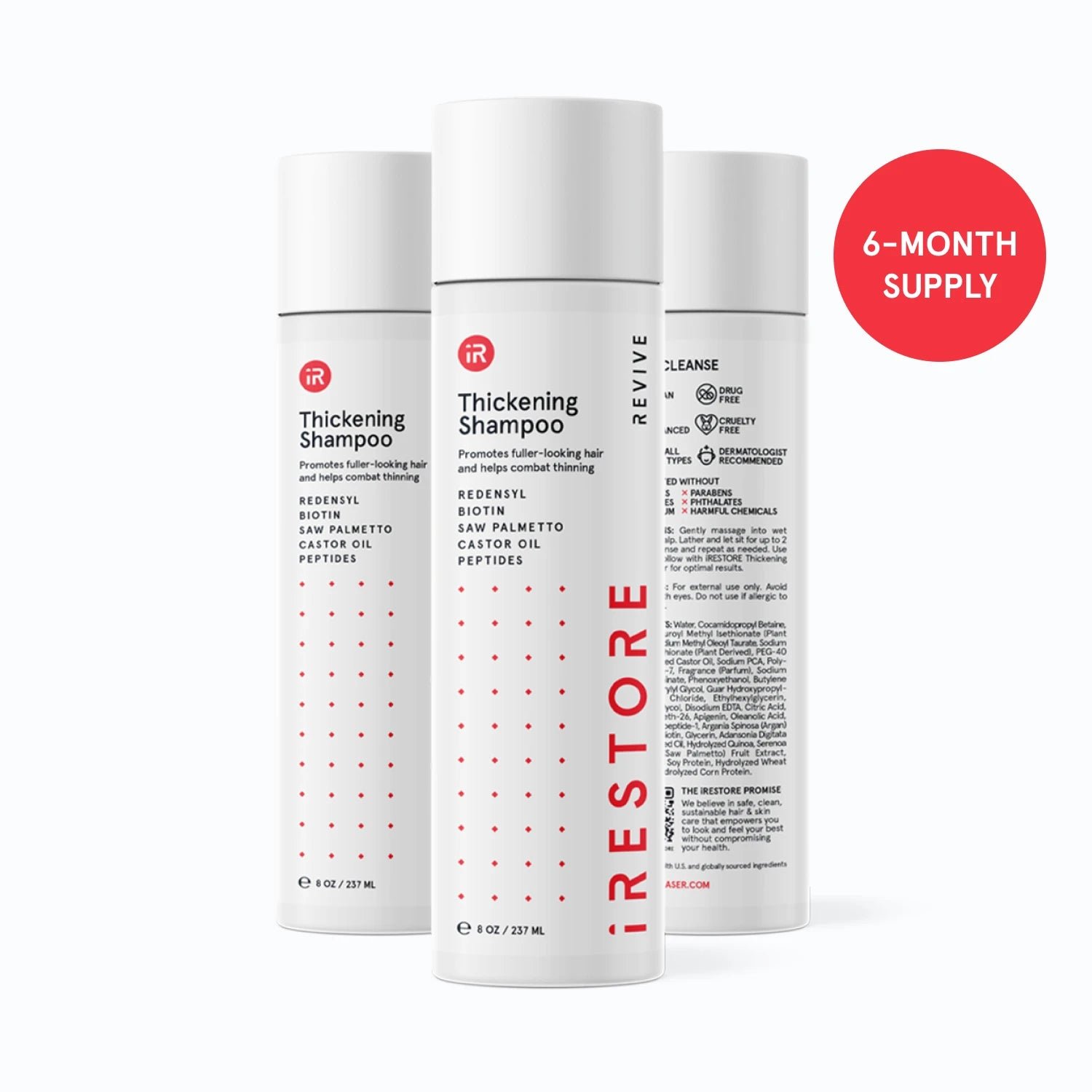 Image of the REVIVE Thickening Shampoo, showing the 6-month supply badge in the image.