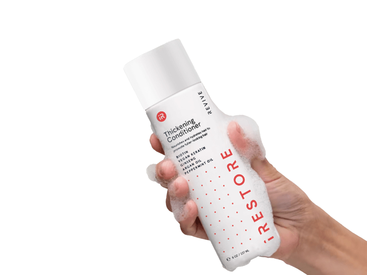 Image of a hand holding the Thickening Conditioner with bubbles all over the hand and bottle.