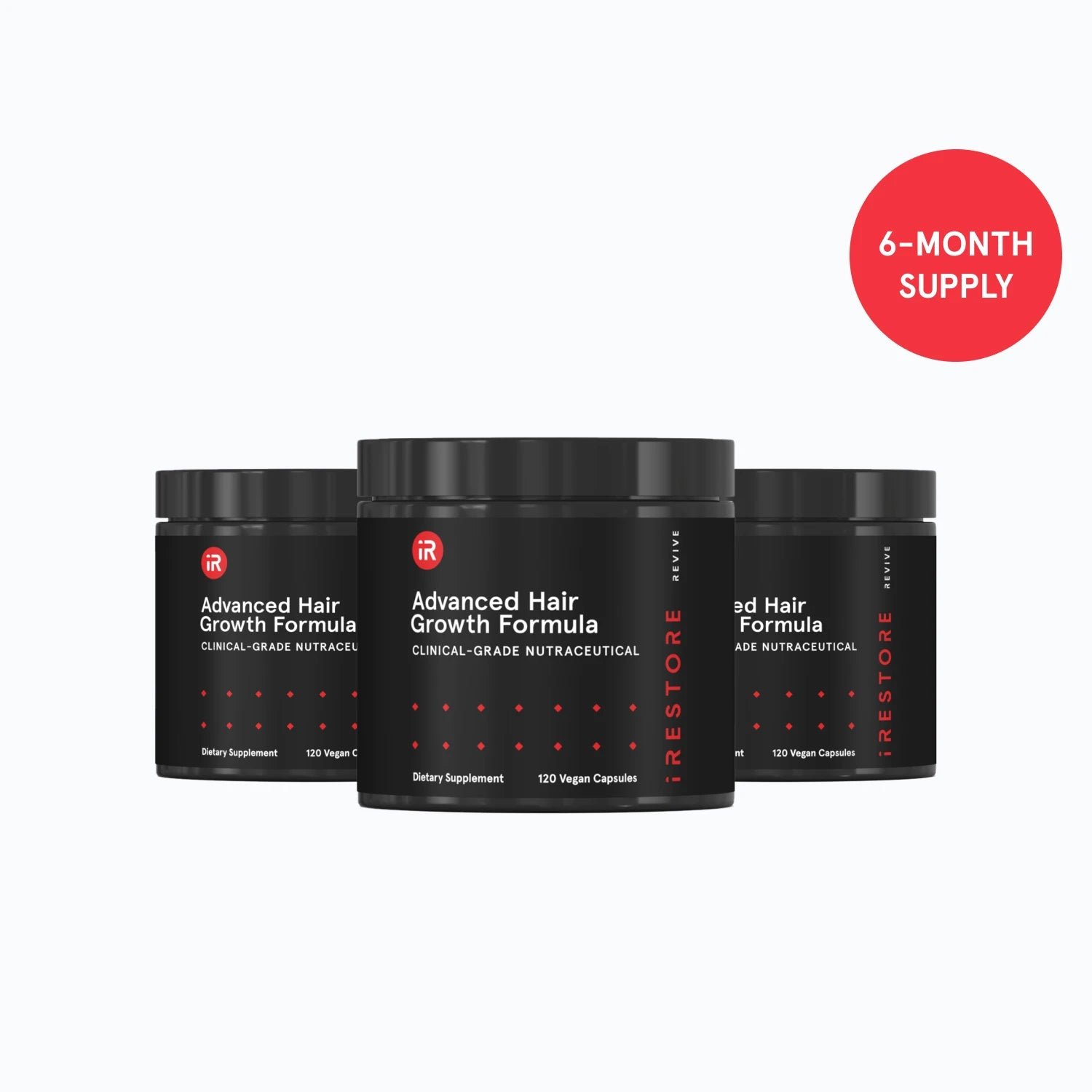 Image of three jars of Advanced Hair Growth Formula, showing the 6-month supply badge in the image.