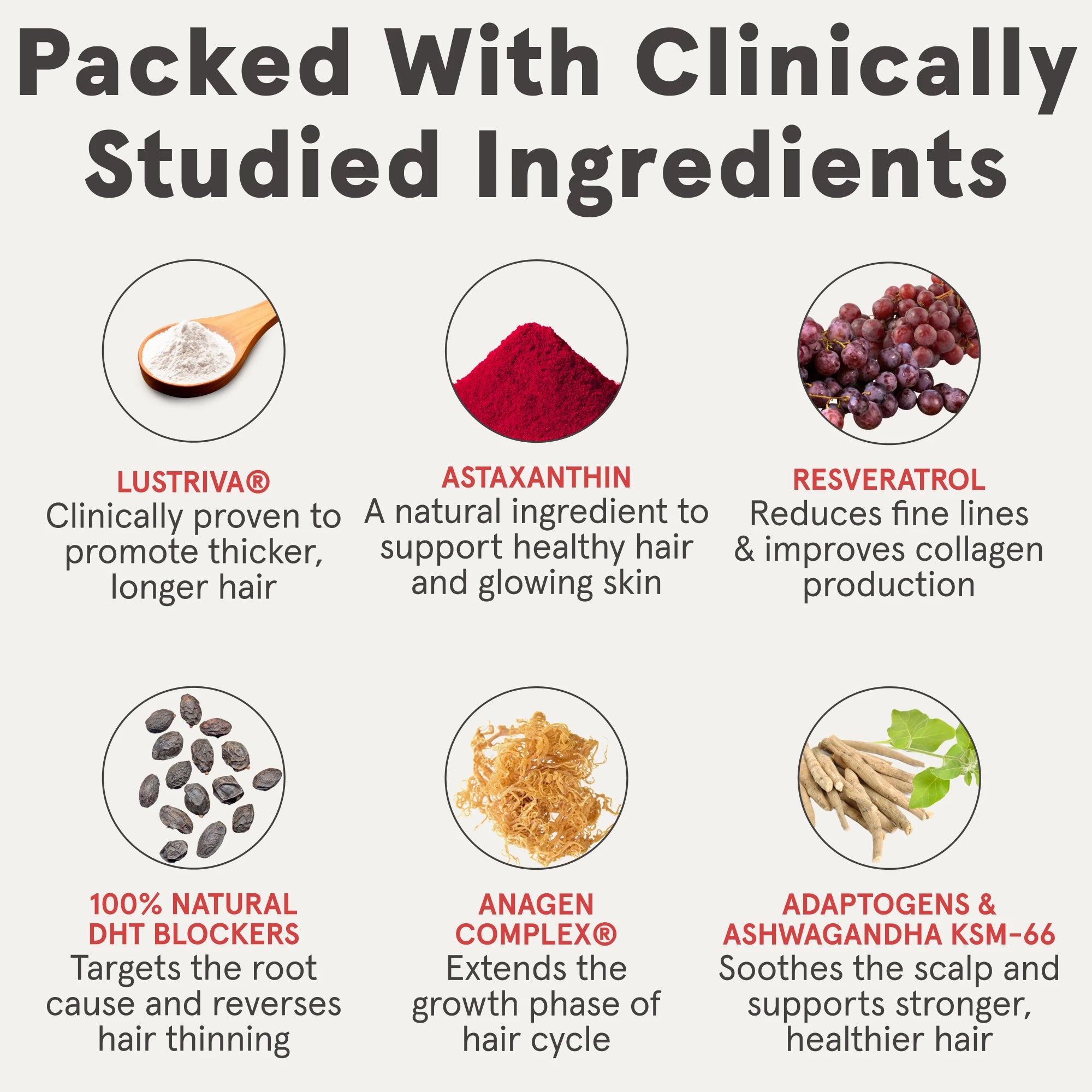 Made with clinically studied ingredients. Lustriva, Astaxanthin, Resvertrol, DHT Blockers, Anagen Complex, Adaptogens