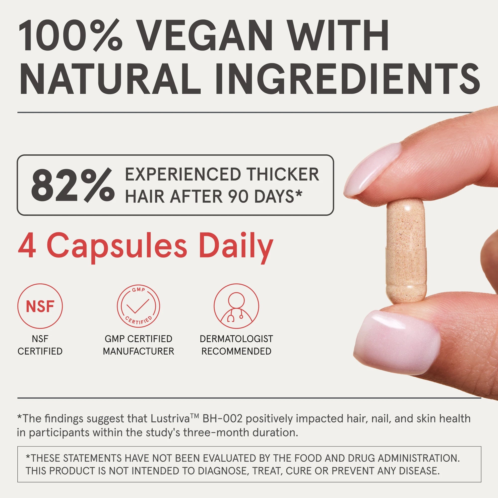 100% vegan with natural ingredients. 82% experienced thicker hair after 90 days. 4 capsules Daily. NSF Certified, GMP certified manufacturer, dermatologist recommended.
