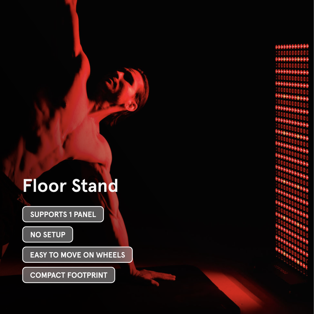 Person using a floor stand with text highlighting features on a dark background