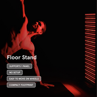 Person using a floor stand with text highlighting features on a dark background