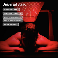 Person lying under a red light therapy panel with text describing the 'Universal Stand'.