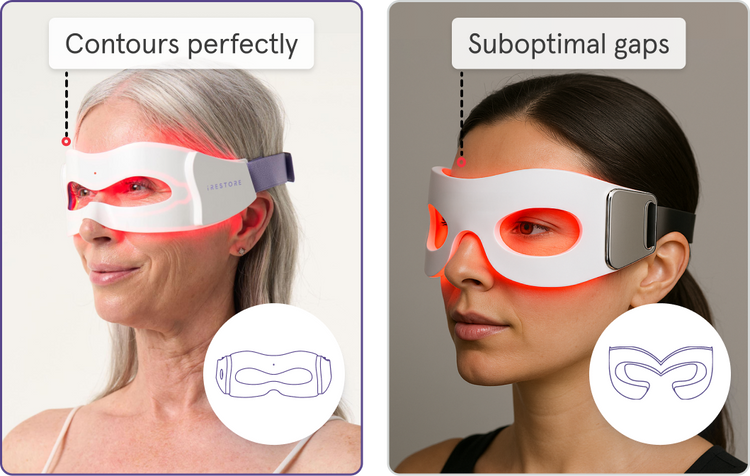 iRESTORE vs Competitor. On right is IRESTORE eye mask which contours perfectly. On right competitor's which has suboptimal gaps