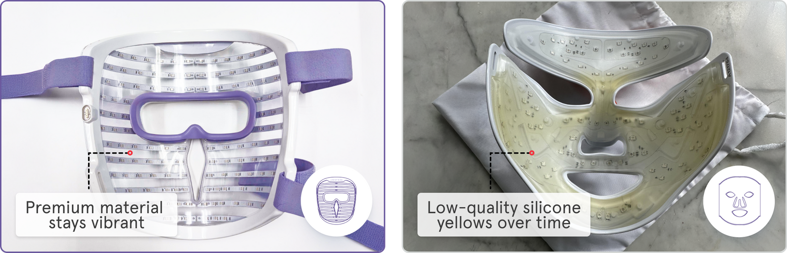 Comparison of two LED face masks highlighting durabitliy: the left image shows the back of iRESTORE LED facemask made witrh premium material that stays vibrant, while the right image shows the back of a competitor mask made with low quality silicone that turn yellow over time