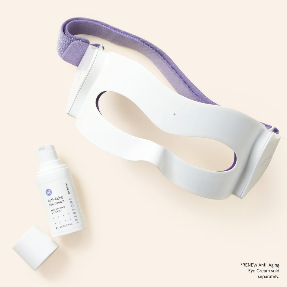 Top view of LED eye mask beside the anti-aging eye cream