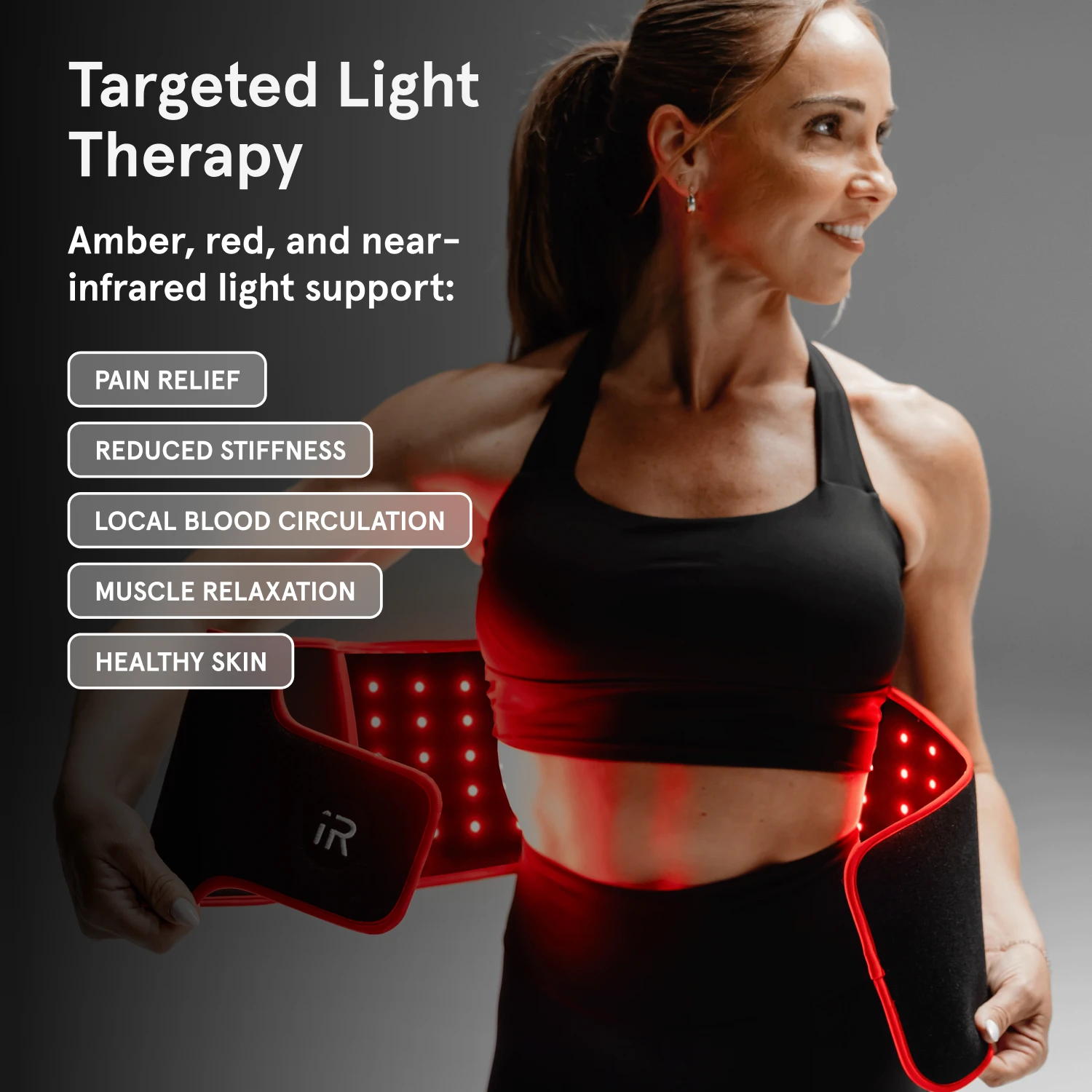 Woman wearing a red light therapy belt with text about its benefits on a dark background