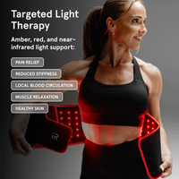 Woman wearing a red light therapy belt with text about its benefits on a dark background