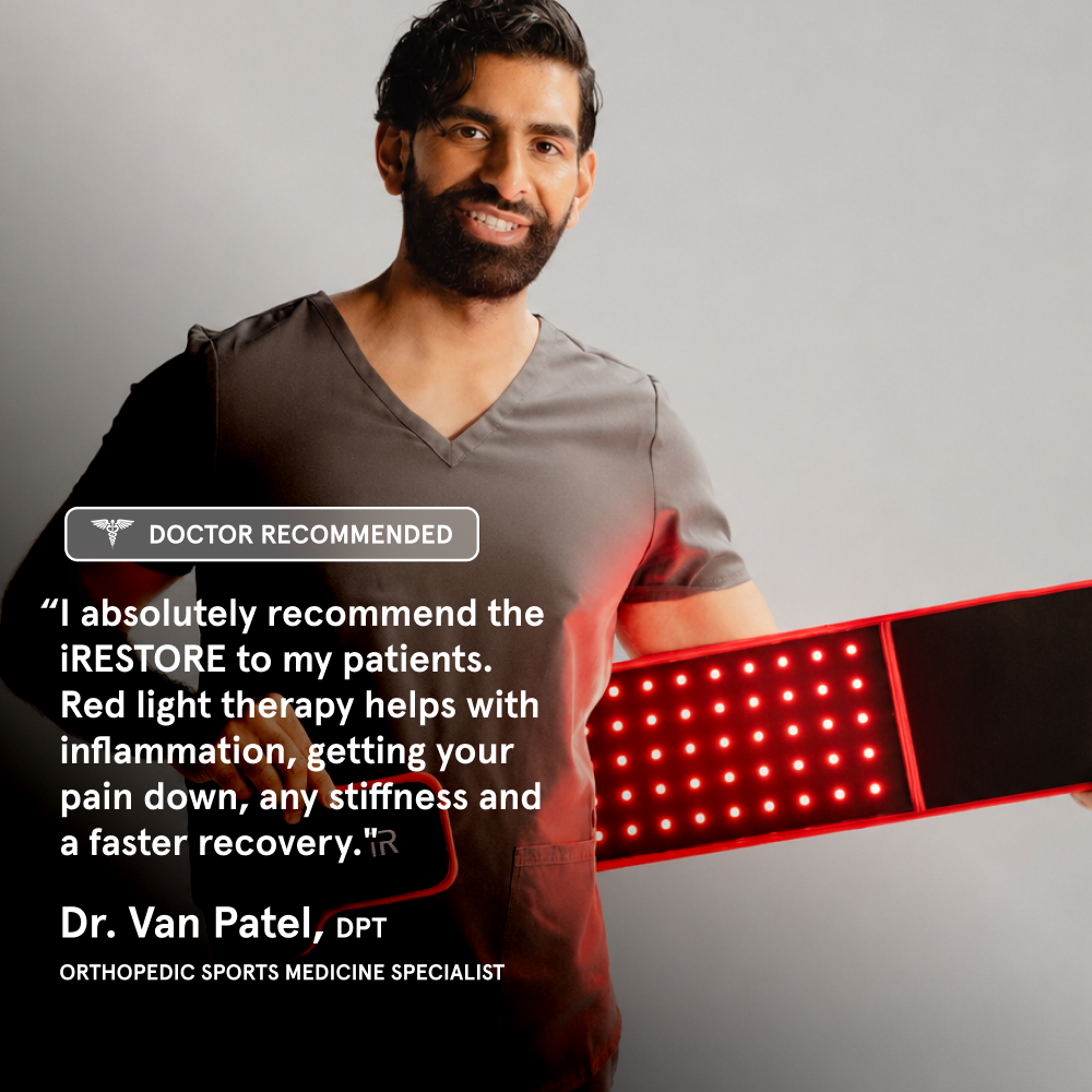 Man holding a red light therapy device with a quote from Dr. Van Patel, DPT.