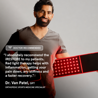 Man holding a red light therapy device with a quote from Dr. Van Patel, DPT.