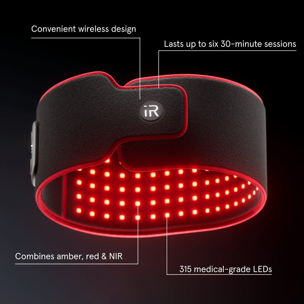 Red light therapy device with LED lights on a black background
