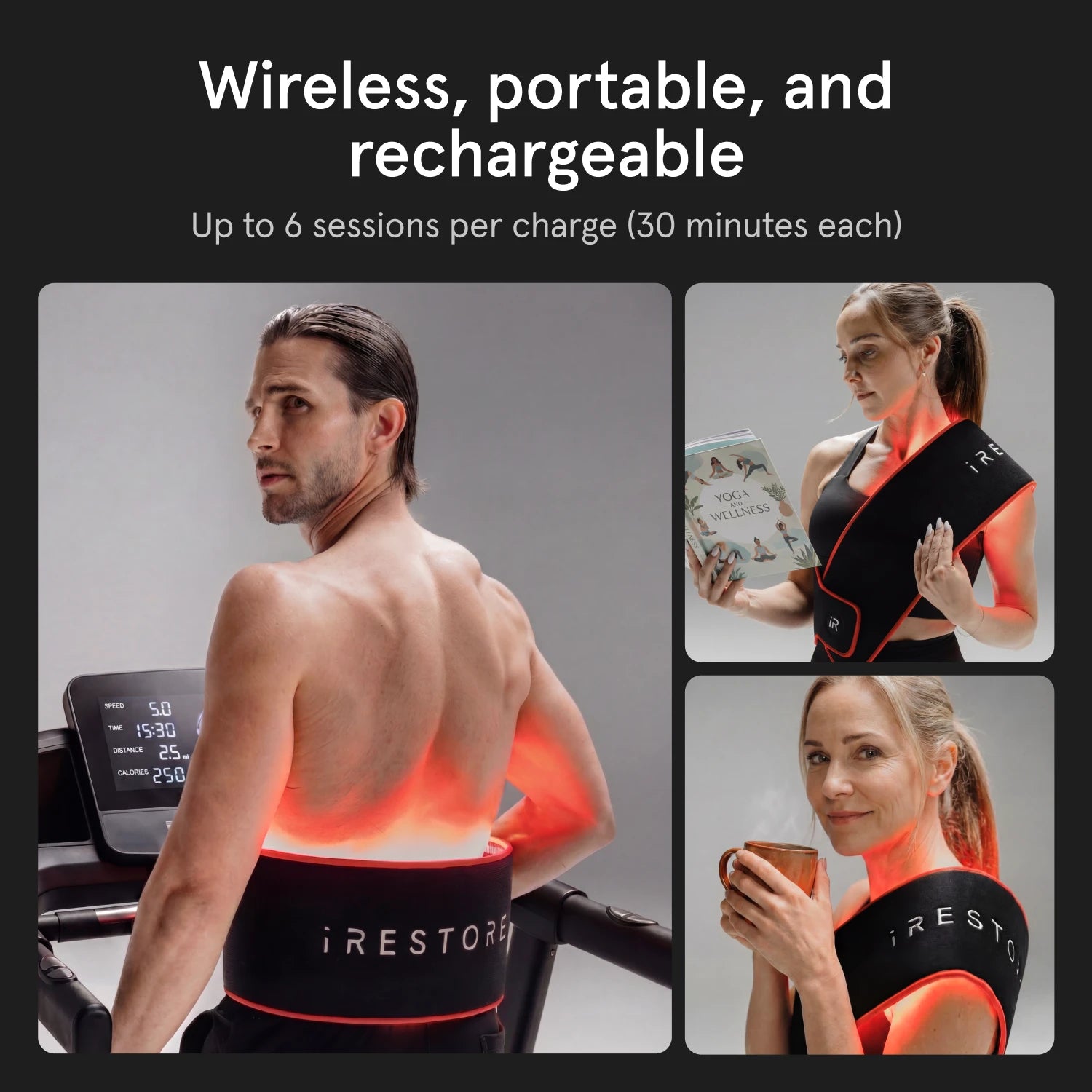 People wearing a wireless, portable, and rechargeable led belt on their neck with text highlighting features.
