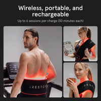 People wearing a wireless, portable, and rechargeable led belt on their neck with text highlighting features.