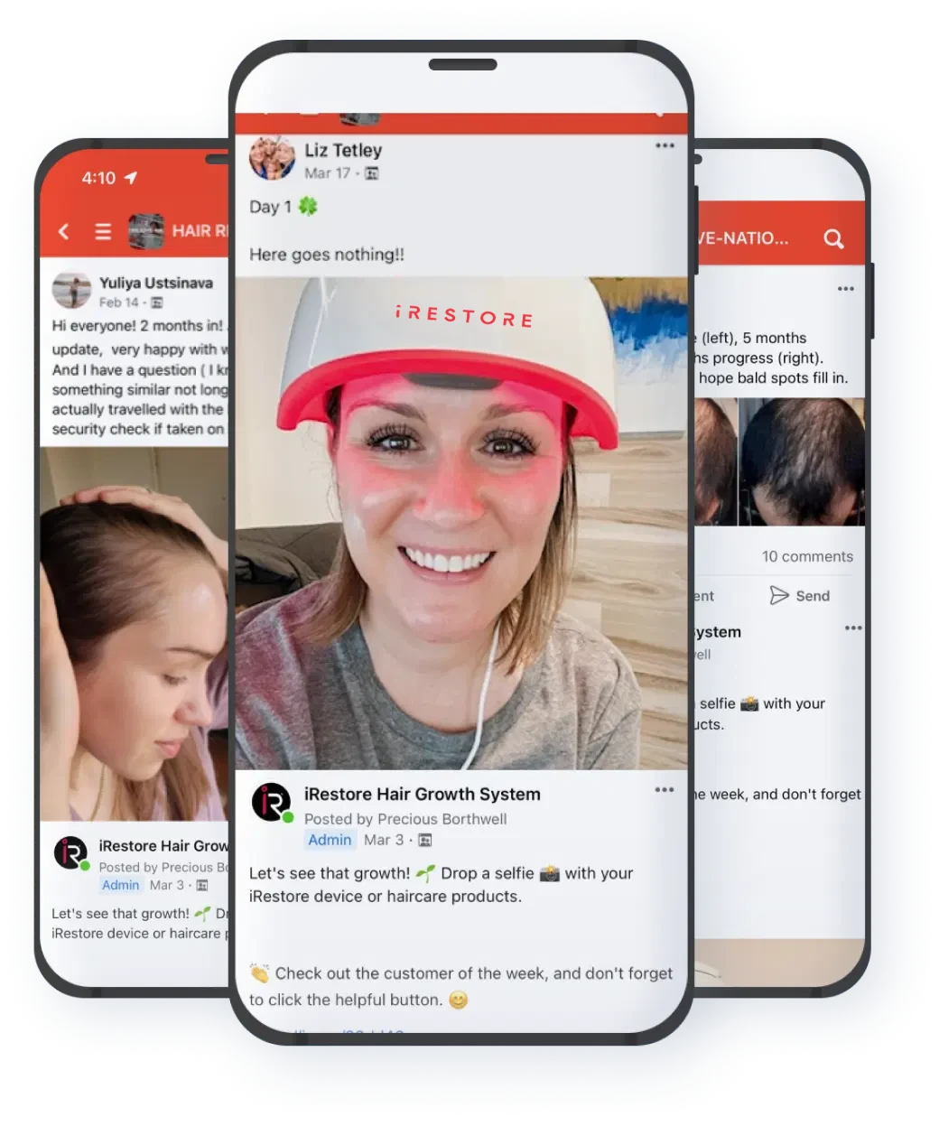 Three mobile phones with screenshots of the Facebook community