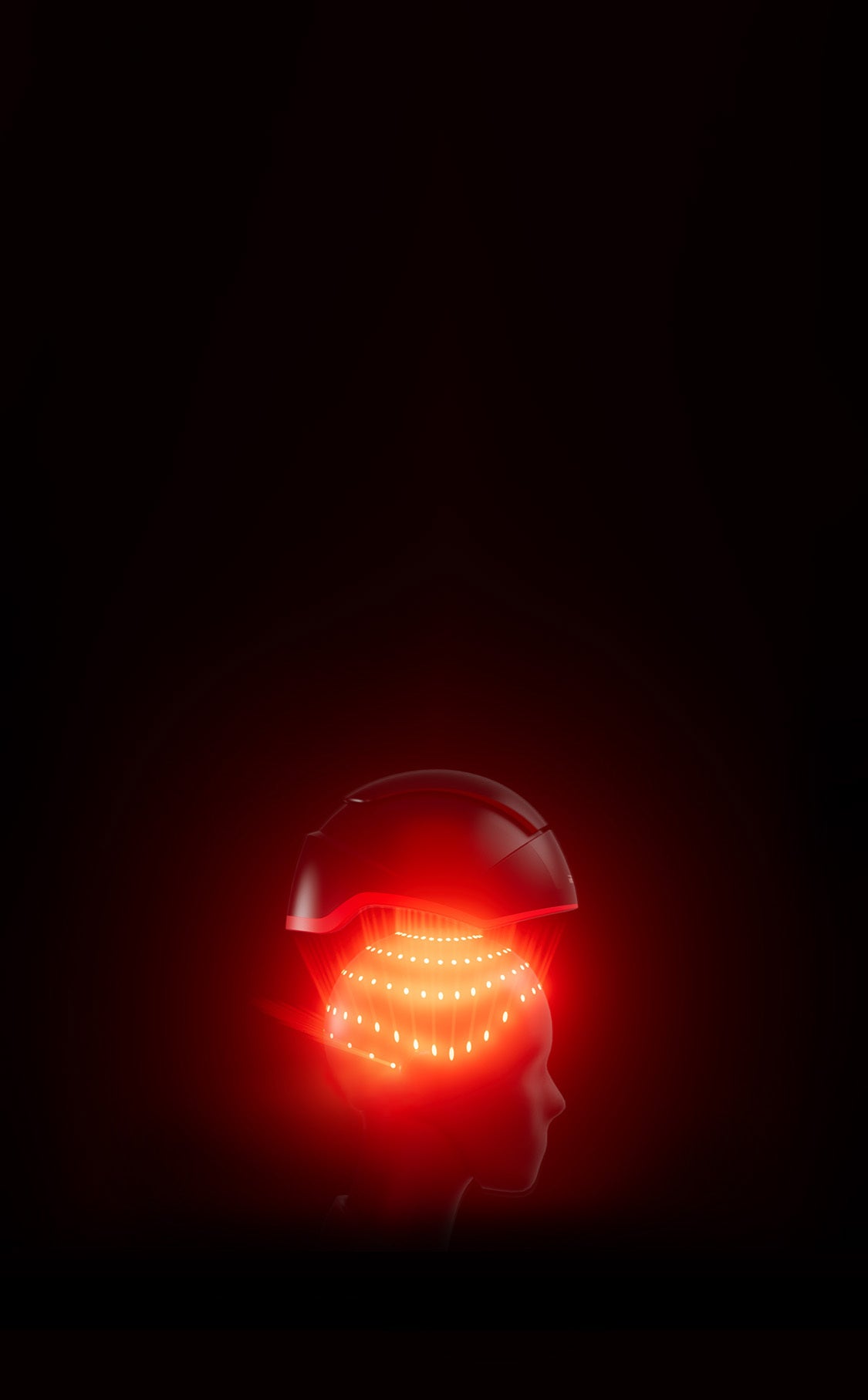 3D Image of the Elite helmet device placed on top of a 3D model head showing the lasers beams.