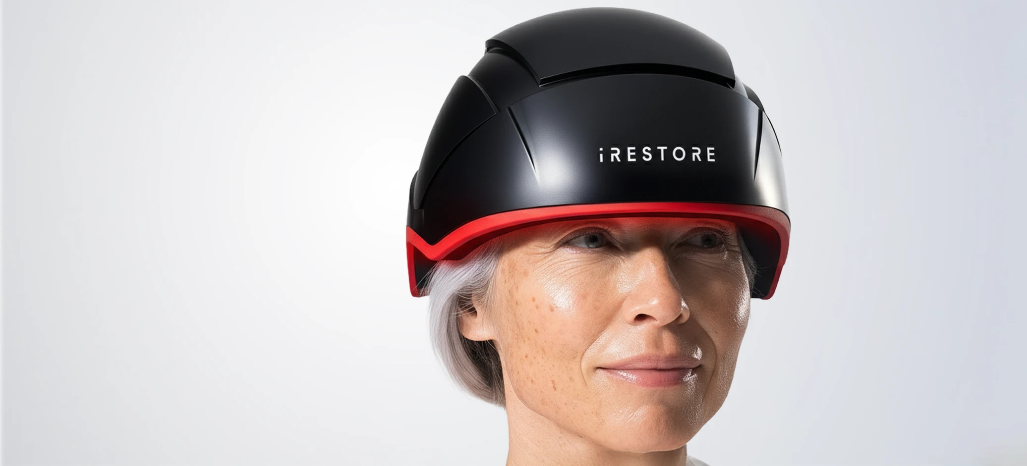 Woman wearing an iRESTORE Elite on a light gray background
